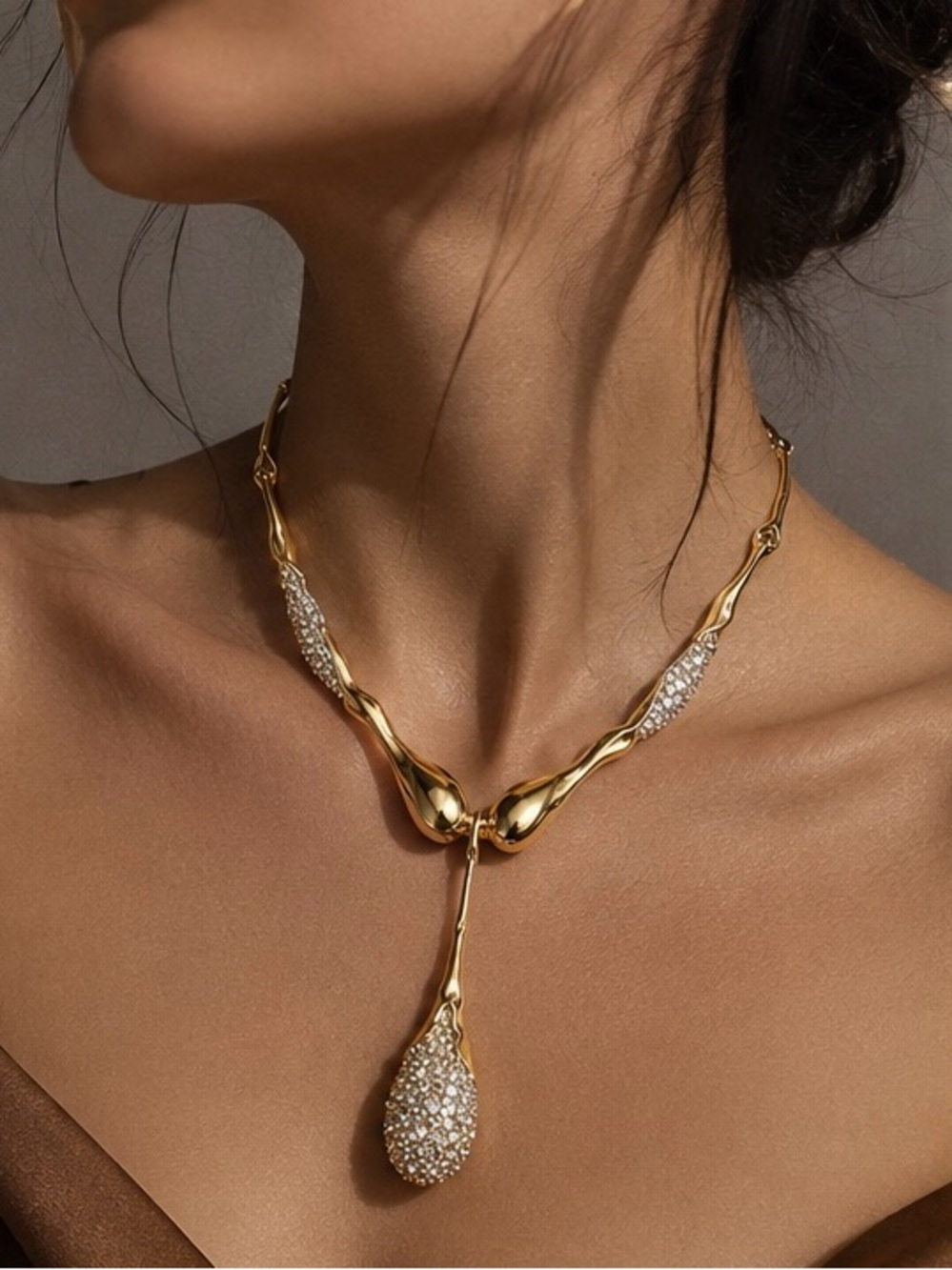 Sculptural Gold Teardrop Pendant Necklace with Pavé Crystal